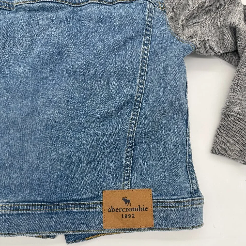 Abercrombie Kids Blue Jean Jacket With Gray Sweatshirt Sleeves Hoodie 5/6 EUC